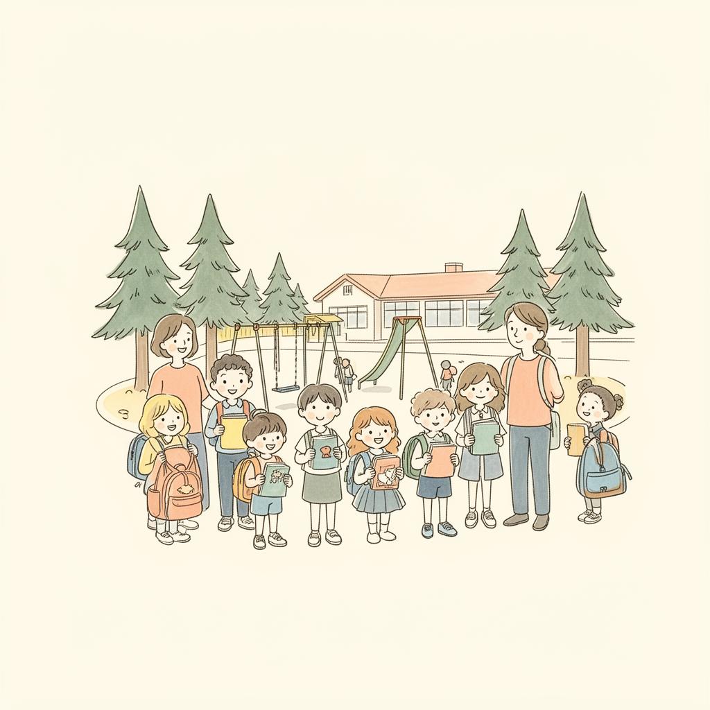 Ilustración de familias y niños en el patio del CEIP Pinar Prados